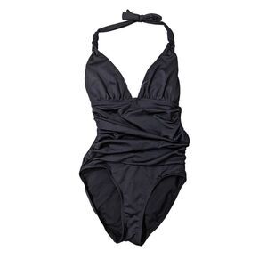Beach Rays Halter One Piece Swimsuit W/ 8 Black Shirred Ruched NWT